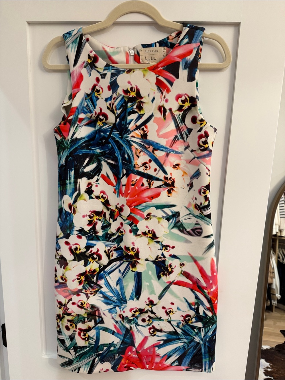 Nicole Miller White Tropical Floral Mini Dress with Blue and Pink Accents
